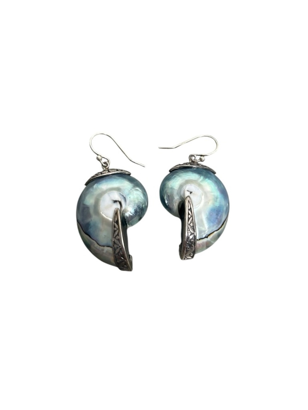 Samuel B Behnam 925 Sterling Silver Iridescent Blue Nautilus Shell Drop Earrings - Picture 3 of 8